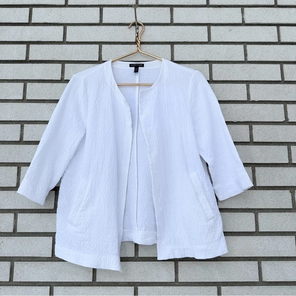 Eileen Fisher Organic Cotton Double Weave White Crinkle Jacket S Minimalist - Picture 2 of 11